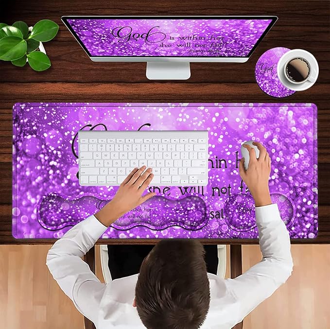 Gaming Mouse Pad XXL Large Desk Mat Psalm 465 Bible Purple Extended Non-Slip Rubber Mice Pads Stitched Edges(31.5x11.8 in)Ergonomic Premium Memory Foam Keyboard Wrist Rest and Black Mouse Pad Set