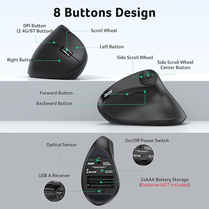 acer Ergonomic Mouse Wireless with Side Scroll Wheel Bluetooth Mouse for Laptop(BT5.2+2.4GHz) Office Vertical Computer Mice Small to Medium Sized Hands Ergo Mice 8 Buttons for PC and Desktop