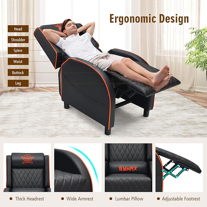 GYMAX Massage Gaming Recliner Chair Ergonomic Racing Style Single Sofa with Adjustable Headrest Backrest &amp Footrest Home Theater Sofa for Living Room Office (Orange)