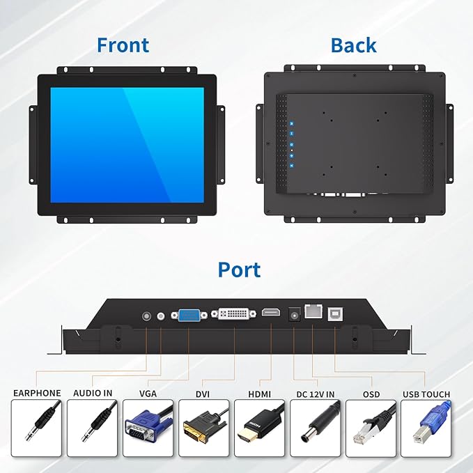 12.1 Inch Open Frame Touch Monitor PCAP 10-Point Touch Industrial Touchscreen Monitor with HDMI/VGA/DVI Interface Active Matrix TFT LCDLED Backlight with VESA Mount
