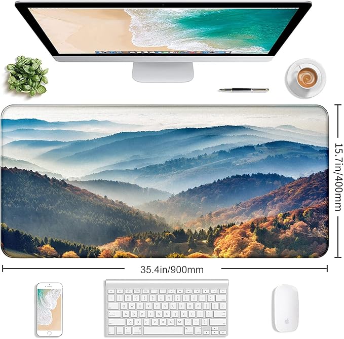 Large Extended Gaming Mouse Pad with Stitched Edges Non-Slip Waterproof Rubber Base Mouse Pad for Office Computer Keyboard Laptop and Home Desk Pad 35.4 x 15.7 x 0.12 Inch (Mountain Landscape)