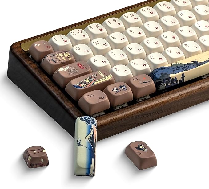 OHY XVX MOA Profile Japanese Fuji Mountain Theme PBT Keycaps Set 140-Key Coffee &amp Cream Custom Keycaps for US Layout Mechanical Keyboards (Brown/Beige Design with Key Puller)