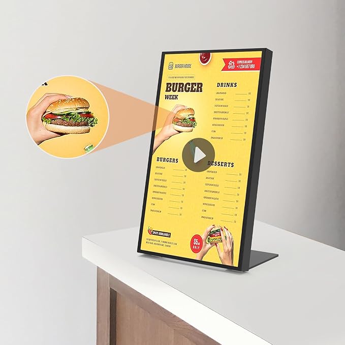 Digital Menu Board 18.5 inch Desktop Digital Signage Display Advertising Screen for Stores Restaurants and Commercial Display 700 nits Ultra-High Brightness Free Web Content Editor Android