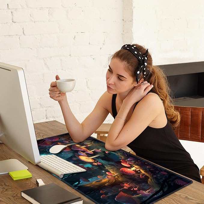 Warm Desk PadHeated Desk Pad Mouse Mat Gamingwith 3 Heating Levels &amp 3 Hours Auto Shut-OffLeather 31.5 x 13 Foot Warmer Keyboard Office MatMushrooms Forest