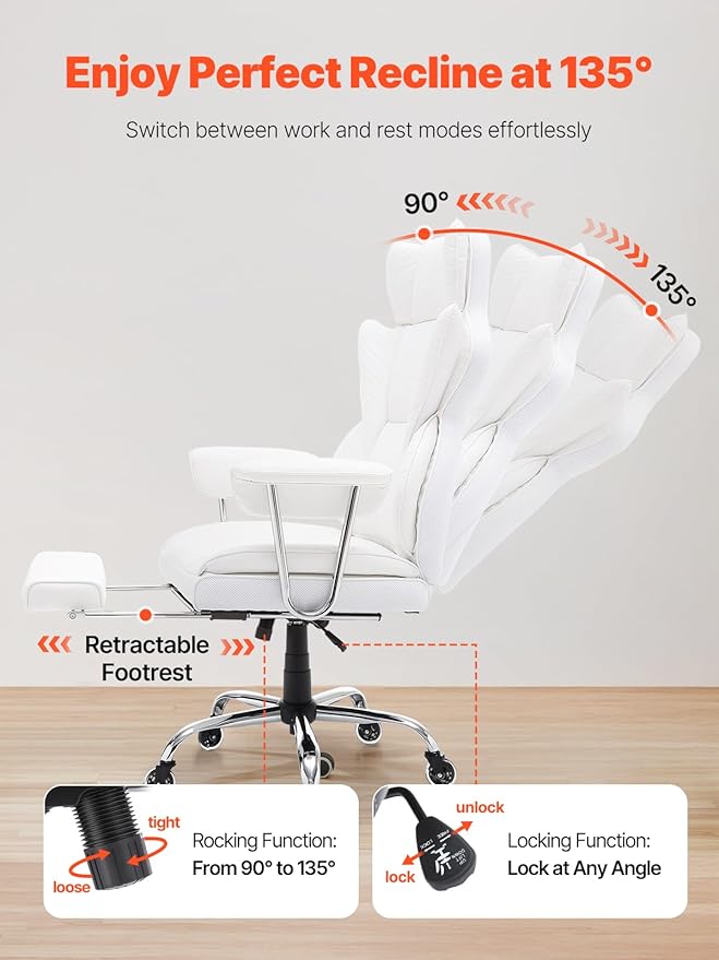 VEVOR Reclining Office Chair with Footrest Heavy Duty PU Leather Oversize Office Chair Big and Tall Executive Office Chairs with Lumbar Support Strong Metal Base Quiet Wheels White