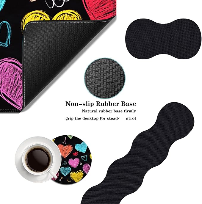 Mouse PadLarge Desk Mat Set 4in1 XL Mousepad + Keyboard Wrist Rest+Mouse Wrist Rest+Coaster with Ergonomic Desk Pad for Home Office Table Computer Cover -Colorful Chalk Drawn Hearts