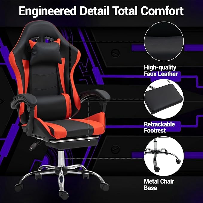 Massage Gaming Chair with FootrestErgonomic Video Game Chair for Adults Kids Adjustable Headrest &amp Lumbar Support 90-135° Recline 360° Swivel for Gaming Room Home Office Bedroom Red