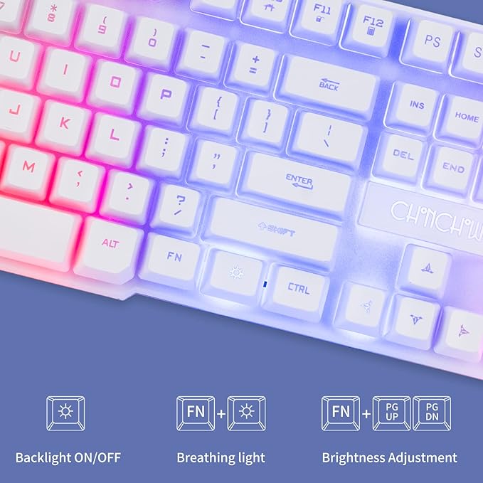 Gaming Keyboard and Mouse Wired CHOCNHOW White Keyboard Rainbow BacklitLight Up Keys Multimedia Keys Waterproof Compatible with PC Laptop Xbox Ps4/Ps5 Work/Gamer