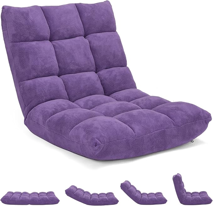 RELAX4LIFE Floor Chair with Back Support - 14-Position Adjustable Lazy Sofa Chair Padded Sleeper Bed &amp Couch Recliner for Reading Meditation Folding Floor Gaming Chair for Adults (Purple)