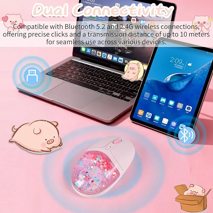 elec Space Wireless Bluetooth Mouse -Cute Clear Aqua Design Glitter Liquid Sand Water Mouse with Optical Precision Silent Clicks LED Breathing LightTransparent Retro Style for Home Office (Pink)