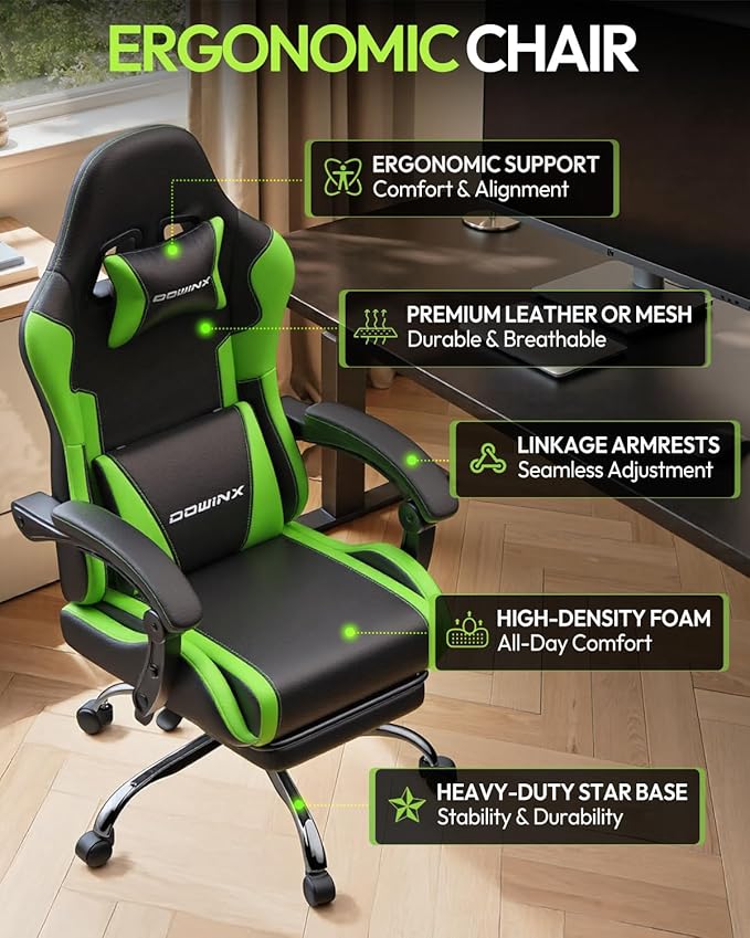 Dowinx Ergonomic Gaming Chair with Footrest &amp Massage Lumbar 2D-Linkage Armrests for Computer Chair 330lbs with Headrest Pillow for Office Home Streaming and Long Gaming Sessions Green