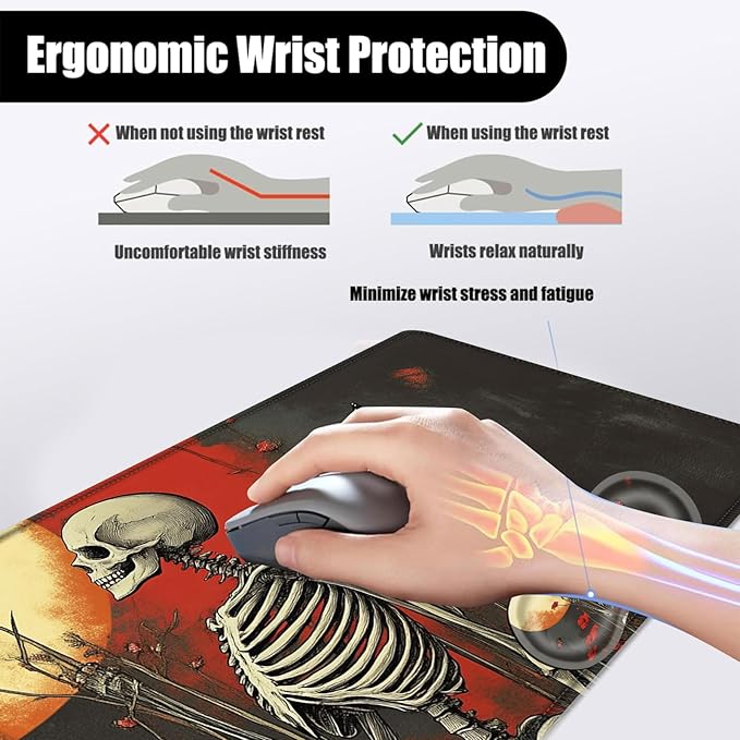 Mouse PadLarge Desk Mat Set 4in1 XL Mousepad + Keyboard Wrist Rest+Mouse Wrist Rest+Coaster with Ergonomic Desk Pad for Home Office Table Computer Cover -Skeleton with Red Poppies