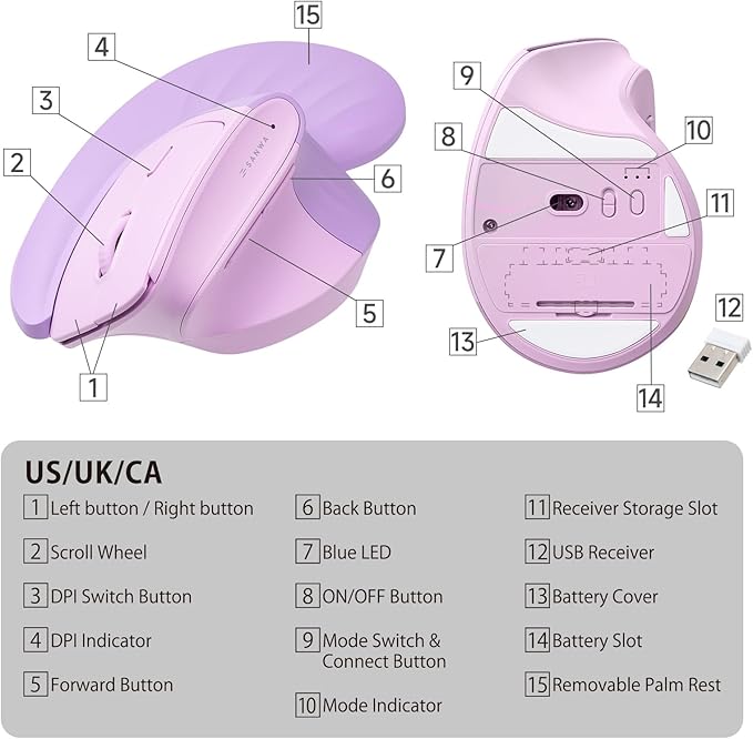 SANWA Wireless Ergonomic Mouse for Large Hands Silent Click Vertical Mice with Removable Wrist Rest 1000-4000 DPI 3-Device (2.4G + 2 Bluetooth 5.4) Compatible with Mac Windows Laptop PC Purple