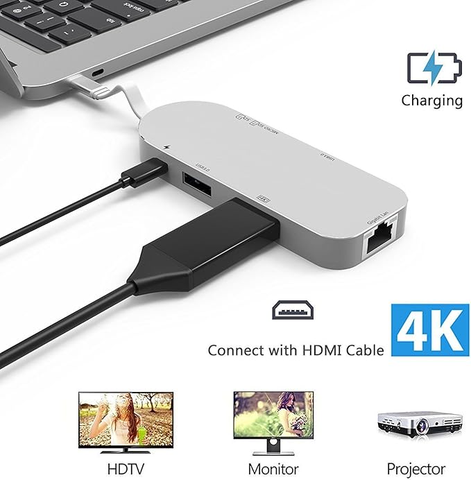 Cllena USB Type C Hub 7-in-1 USB C Adapter Type C 3.1 Charging Port with 4K HDMI Port 2 USB 3.0 Ports SD &amp Micro SD Card Reader and RJ45 Ethernet for New MacBook Google Chromebook 2016