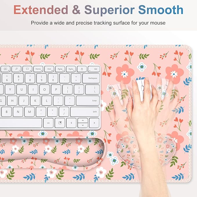 Large Gaming Mouse Pad Set 4 in1 Ergonomics Keyboard Desk Mat with Memory Foam Wrist Rest Computer Extended Game Mousepad Non-Slip Desk Pad Matt Easy Typing Pain Relief I Retro Pastel Style