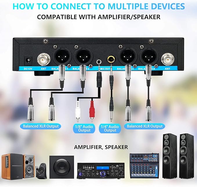 Pro Wireless Microphone System 4 Channel UHF Metal Cordless Handheld Headset Lavalier Lapel Mics for Church Karaoke Singing 4x50 Adjustable Frequency(G8 Battery 2 Handheld 2 Bodypack)