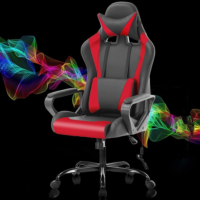 PC Gaming Chair Office Chair Racing Desk Chair with Lumbar Support Arms Headrest Massage High Back PU Leather Ergonomic Computer Chair Rolling Adjustable Swivel Chair for Women Men Adult Red