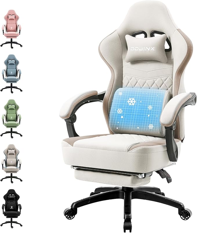Dowinx Gaming Chair Breathable Fabric Game Chair with Gel Pad and Storage Bag Comfortable Gamer Chair with Pocket Spring CushionErgonomic Computer Chair with FootrestBeige