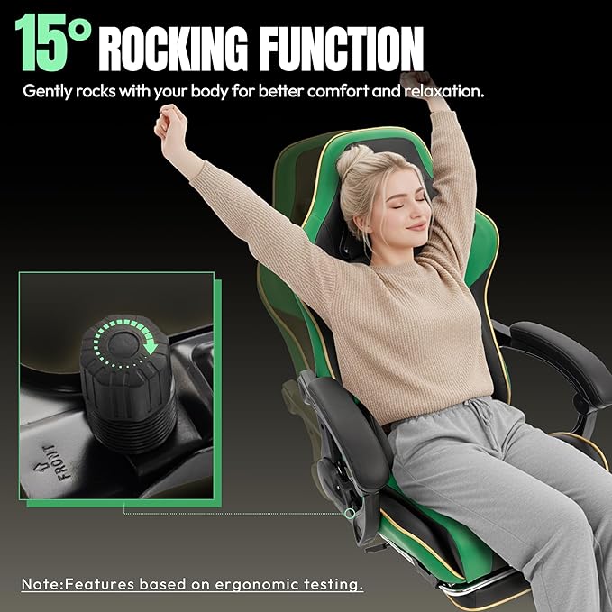 Dowinx Gaming Chair Big and Tall 350LBS Heavy Duty PC Gaming Chair with Massage &amp Footrest Ergonomic Reclining Gamer Chair with Embroidered Esports Design Green