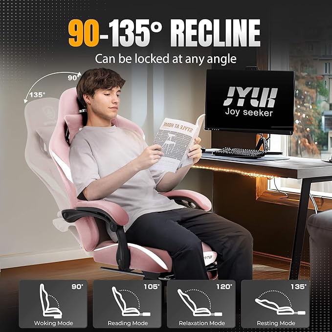 GTPLAYER Gaming Chair with Foot Rest &amp Pocket Spring Cushion Breathable Fabric for Home Office Desk Ergonomic High Back Computer Chair with Headrest &amp Lumbar Support Pink