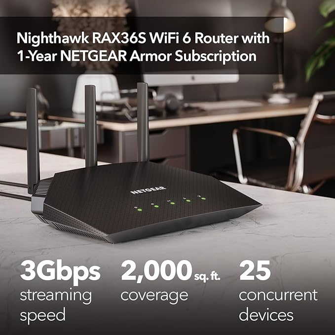 NETGEAR Nighthawk Wifi 6 Router (RAX36S) – 4-Stream Gigabit Router AX3000 Dual-Band Wireless Speed (Up To 3Gbps) | Covers Up To 2000 Sq. Ft. 25 Devices | Includes 1-Year Armor Internet Security
