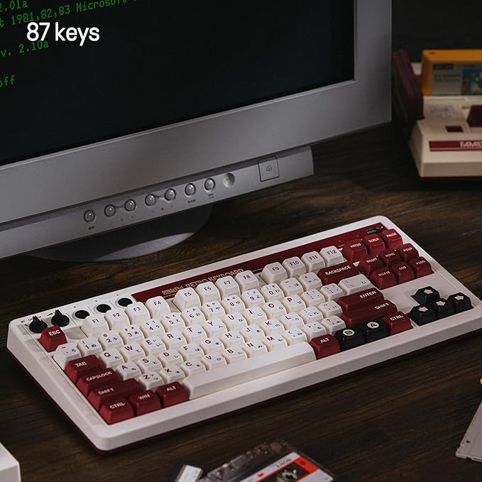 8Bitdo 87 Keys Retro Mechanical Keyboard Bluetooth/2.4G/USB-C Hot Swappable Dual Super Programmable Buttons Volume knob for Windows and Android - Fami Edition