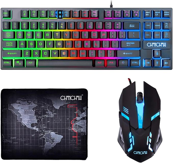 CHONCHOW 87 Keys TKL Gaming Keyboard and Mouse Combo Wired LED Rainbow Backlit Keyboard 800-3200 DPI RGB Mouse Gaming for PS4 Xbox PC Laptop Mac