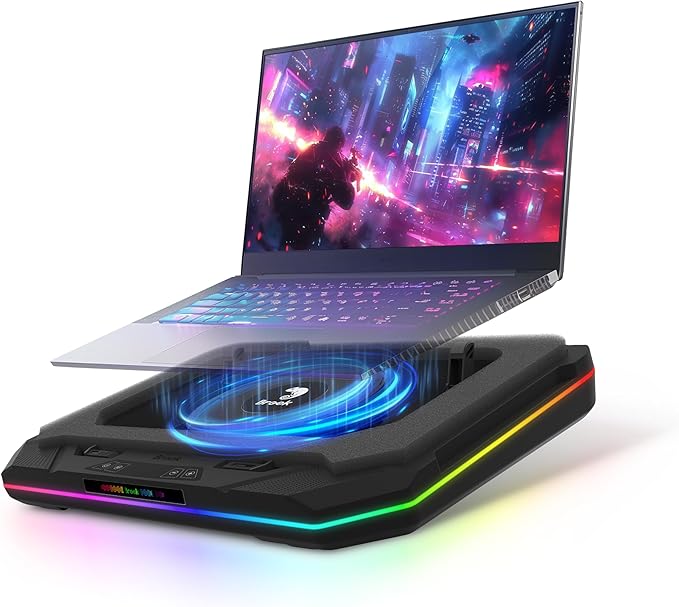 Brook Saviortop Gaming Laptop Cooling Pad – High-Speed 3500 RPM Laptop Cooler with Turbo Fan RGB Cooling Stand for 10-19 Inch Laptops Touch Control USB-C Hub Adjustable Height Quiet Cooling Fan