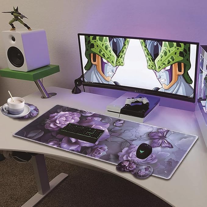 Extended Non-Slip Mouse Pad + Mouse Wrist Rest + Lace-Shaped Coaster Set Ergonomic Design Suitable for Desk and Home Gaming Table Mat Purple Rose