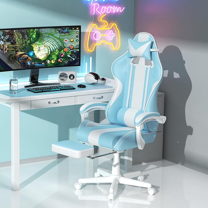 Ferghana Gaming Chairs Ergonomic Racing Style PC Game Computer Chair with Headrest Lumbar Support Adjustable Recliner PU Leather Video Computer Chair(Light Blue)