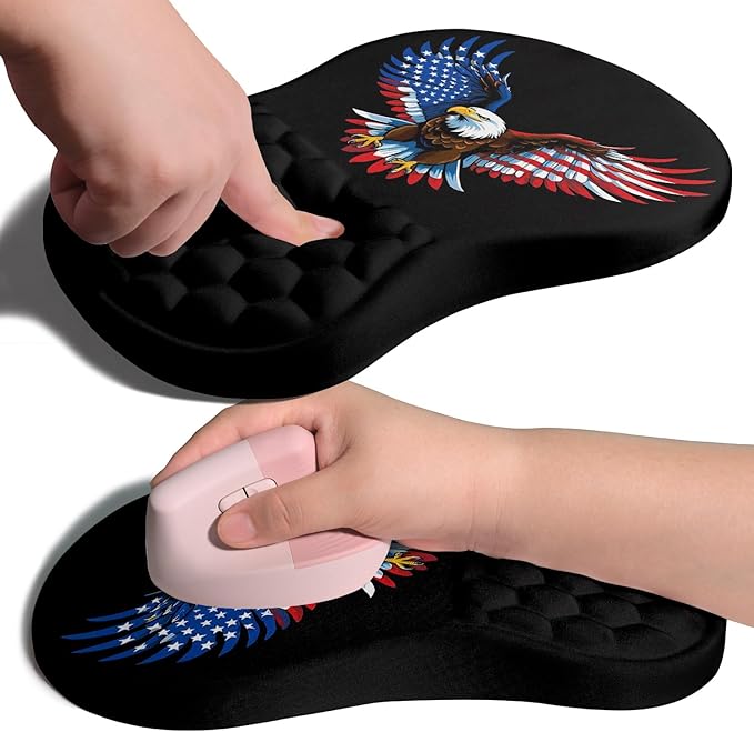 Ergonomic Joint Wrist Support Mouse Pad with Memory Foam Cushion Massage Bump Carpal Tunnel Pain Relief Mousepad Slope Design for Wrist Rest 11.8x7.9 in Eagle Flag