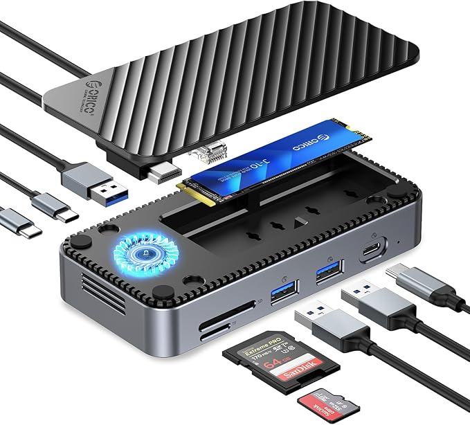 ORICO 10-in-1 USB C HUB with SSD Enclosure Built-in Cooling Fan with NVMe/SATA HDMI 4K@60Hz10Gbps/5Gbps USBA/C Gigabit Ethernet SD/TF 3.0 Ports Compatible with Windows/Mac/Dell/HP