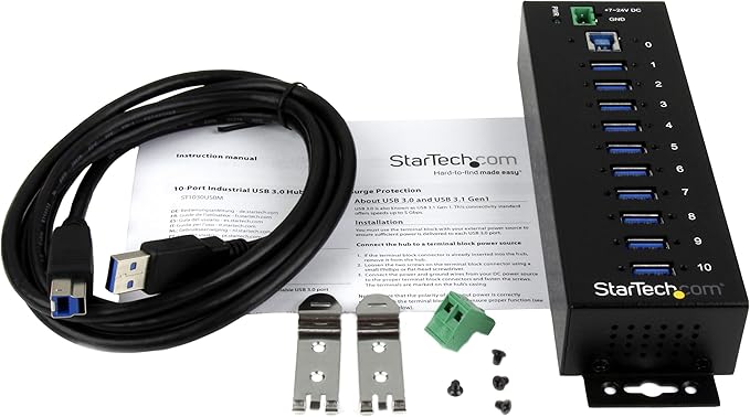 StarTech.com 10-Port USB 3.0 Hub - 5Gbps - Metal Industrial USB-A Hub with ESD &amp Surge Protection - Din Rail Wall or Desk Mountable - TAA Compliant USB Expander Hub (ST1030USBM)