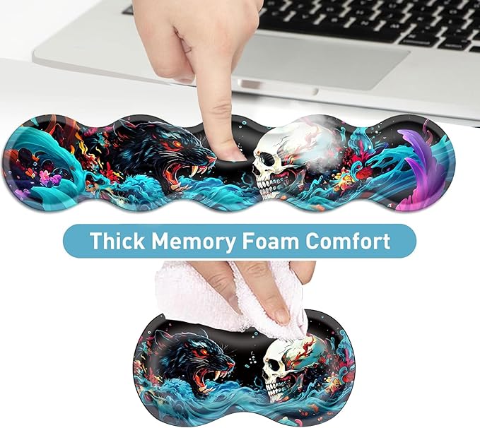 Keyboard Mouse Pad Set Extended Gaming Mouse Pad+Ergonomics Keyboard Wrist Rest Support Memory Foam Easy Typing Pain Relief 4Pcs XL Ultra Thick Desk MatNeon Leopard and Skull