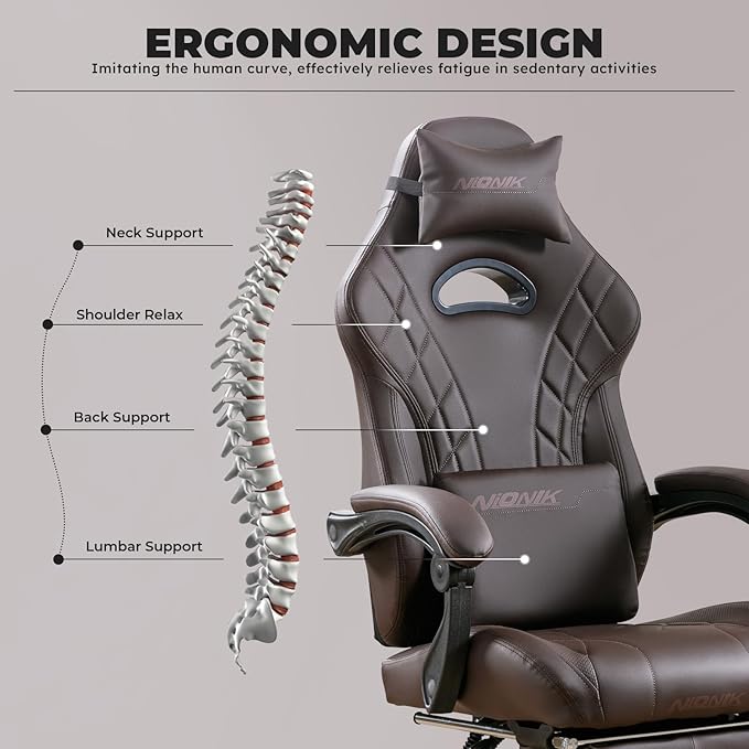 Gaming Chair with Footrest and Massage Lumbar Support Ergonomic Computer Gamer Chair Office Video Game Chairs with Adjustable Height and Backrest (Coffee)
