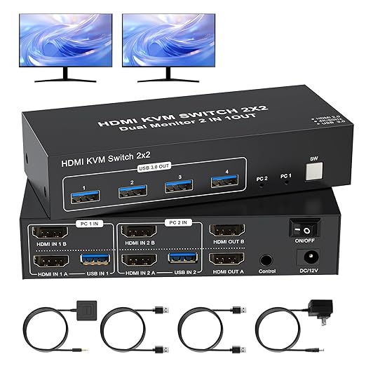 4K HDMI KVM Switch 2 Monitors 2 Computers 4K@60Hz Dual Monitors KVM Switcher 2PC Extended Display for 2 Port Sharing 4 USB 3.0 Hub Keyboard Mouse Hard Drives Printer with 2*USB CablesController