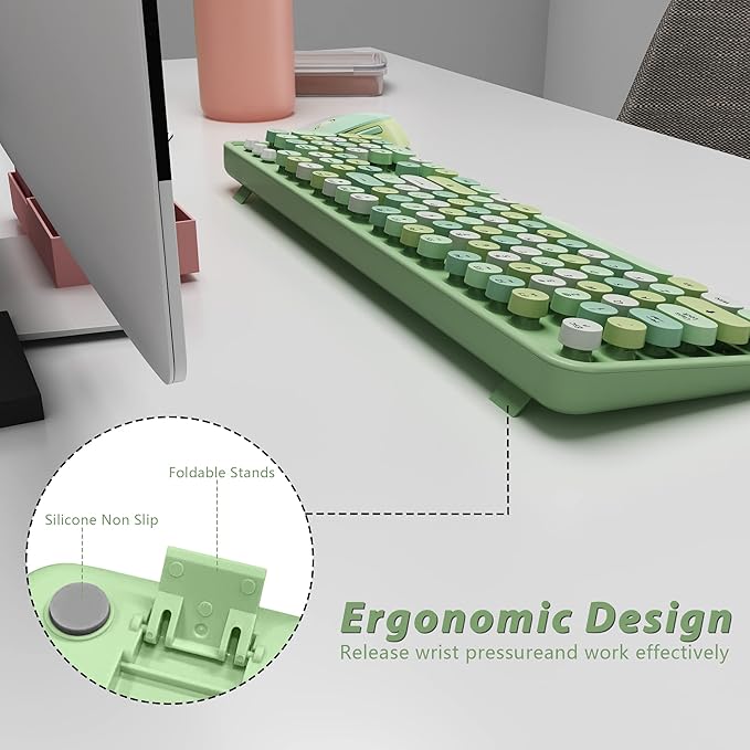Green Wireless Keyboard and Mouse KOOTOP Cute Green Colorful Keyboard and Mouse 2.4G Wireless Keyboard with Retro Round Keycap for PC Mac LaptopTabletComputer Windows (Green)