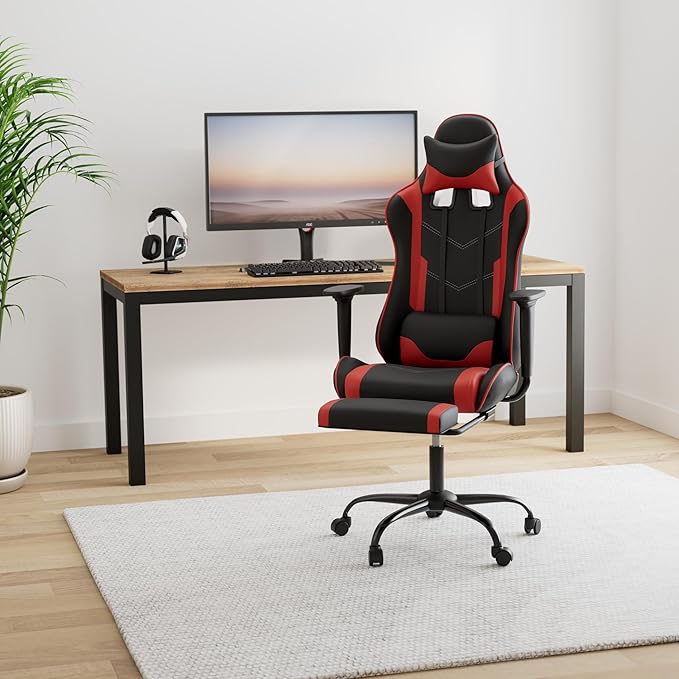 BestOffice | Ergonomic Gaming Chair | Red | Reclining Computer Chair with Lumbar Support Headrest Pillow Adjustable Footrests | 360 Swivel with Heavy Duty Wheels | for Home &amp Office