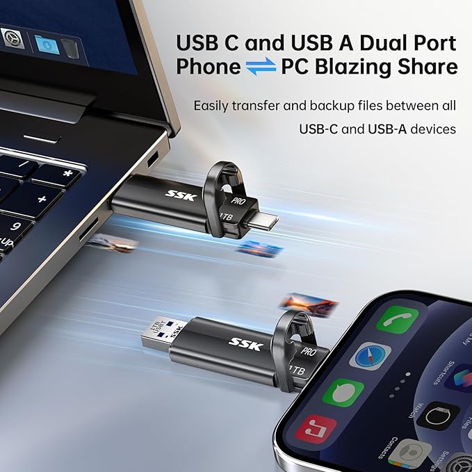 SSK 1TB USB Flash Drive SSD External TLC NAND Solid State Drive Dual USBC &amp USBA Ports Up to 1000MB/s High-Speed Portable 1TB USB Thumb Drive for iPhone 15/16/17 Pro Mac Android PC Backup