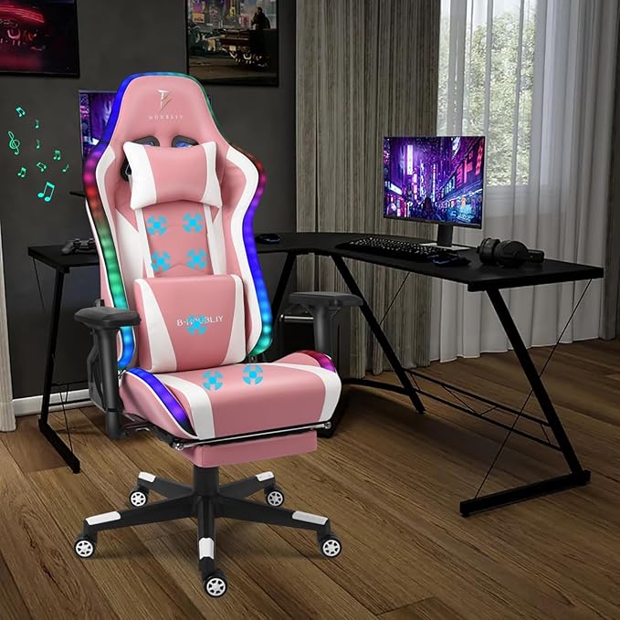 Ergonomic Office Chair with Footrest PU Leather Gaming Chair with Speakers and RGB Lights Full Massage 360° Swivel Computer Chair 4D Armrest High Back Lumbar Support Video Game ChairPink