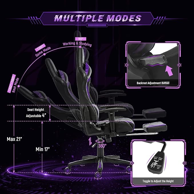 AA Products High Back Ergonomic Gaming Chair with Footrest Lumbar Support Swivel Adjustable for Gamers - Black/Purple