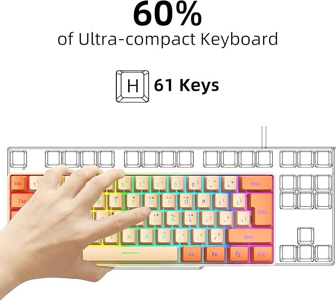 Snpurdiri 60% Wired Gaming Keyboard RGB Backlit Ultra-Compact Mini Keyboard Waterproof Mini Compact 61 Keys Keyboard for PC/Mac Gamer Typist Travel (Orange and Cream)