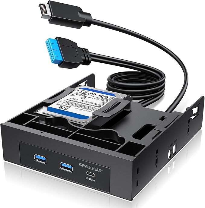 GRAUGEAR 5.25 Inch Internal USB Hub Front Panel – USB‑C 20Gbps + 2X USB‑A 5Gbps Dual 2.5″ SSD/HDD Bays Fits 5.25″ Bay USB 3.2 A-Key 20-Pin &amp USB3.0 19‑Pin Headers PC Case Desktop Expansion