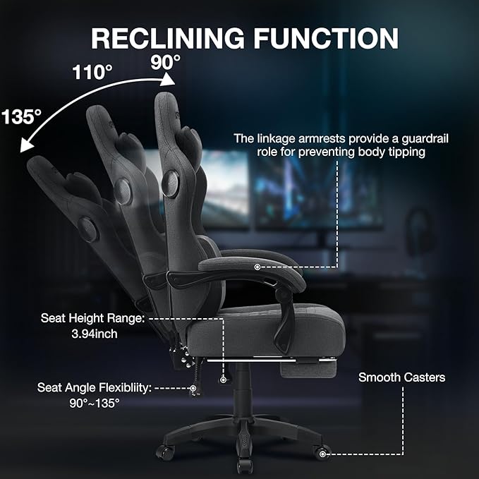 HOFFREE Gaming Chair Computer Chair with Speakers Massage Fabric Reclining Game Chair with Footrest Ergonomic High Back Gamer Chair Heavy Duty Gaming Chairs for Adults Dark Grey