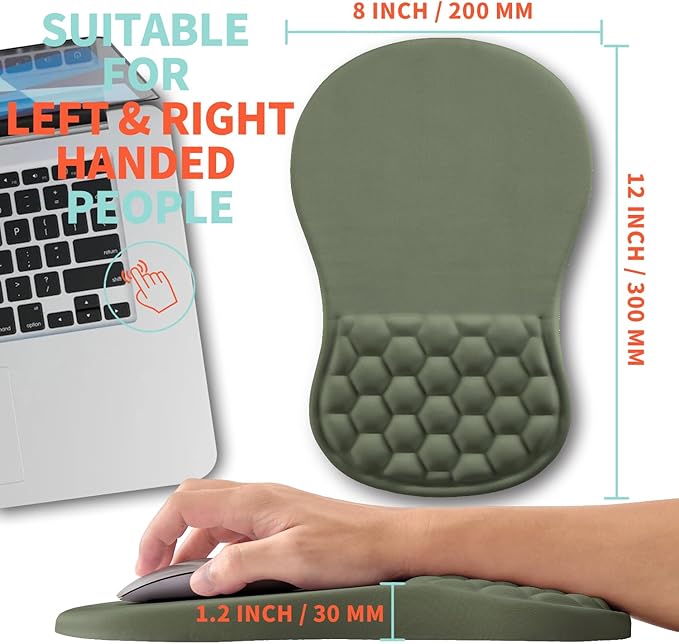 Ergonomic Mouse Pad Wrist Support with Memory Foam Massage Bulge Carpal Tunnel Pain Relief Mousepad Wrist Rest for Mouse(12x8 inchOlive Green)