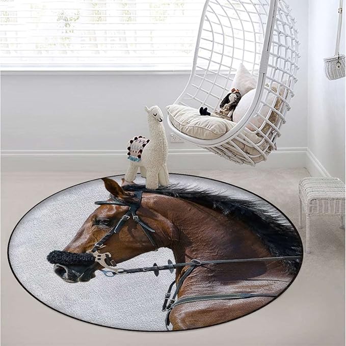 Horses Round Rug for Bedroom Circular Area Rug Washable Throw Rugs Non-Slip Soft Floor Mat for Living Room Sofa Chestnut Color HorseBrown Cream Diameter 39.3 in