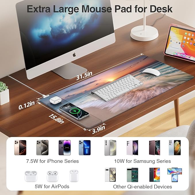 Wireless Charging Mouse Pad 31.5x15.8 Large Gaming Desk Mat for Keyboard/Laptop Waterproof Ultra-Smooth Surface Non-Slip Base with 20W PD Adapter Beach Sunset