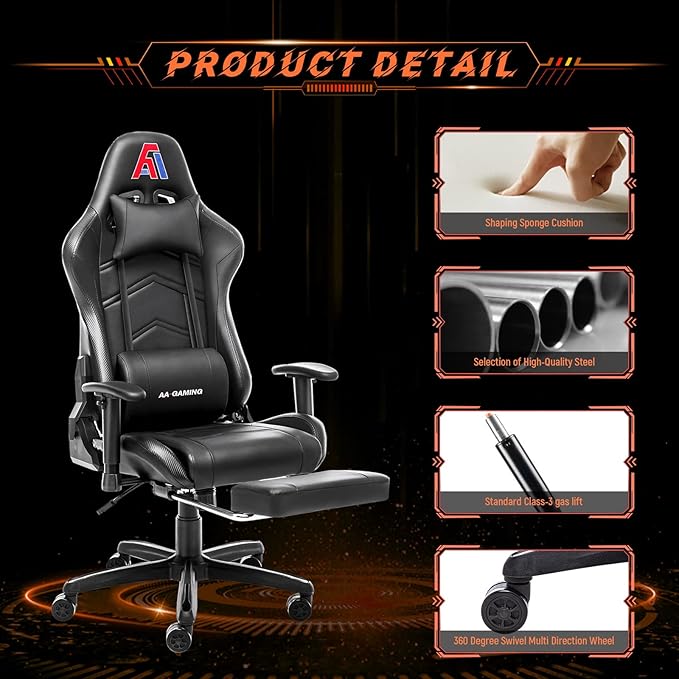 AA Products Gaming Chair Ergonomic High Back Computer Racing Chair Adjustable Office Chair with Footrest Lumbar Support Swivel Chair - Black