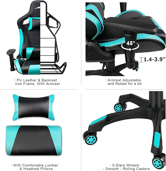 Leopard Gaming Chair High Back PU Leather Office Chair Adjustable Video Gaming Chairs Swivel Racing Chair with Adjustable Armrest (Black/Light Blue)
