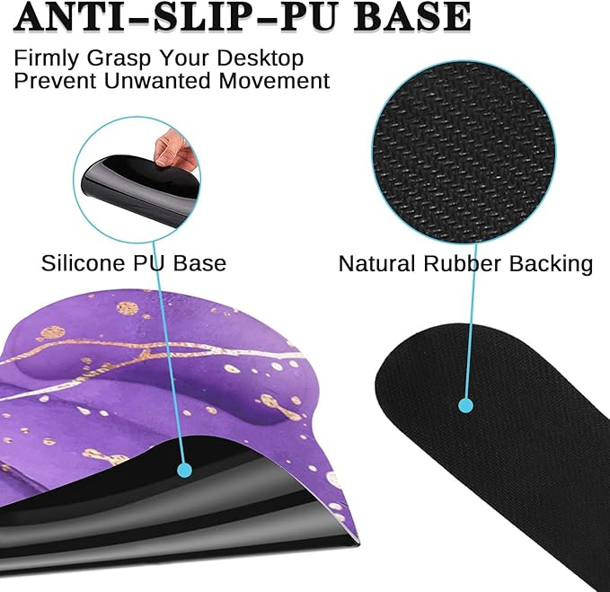 Arttown Purple Gold Marble Desk Mat Abstract Marble Mouse Pad Set 4 in 1 Ergonomic Design Large Mousepad + Keyboard Wrist Rest + Mouse Wrist Rest + Coaster Suitable for Home Office Study Game